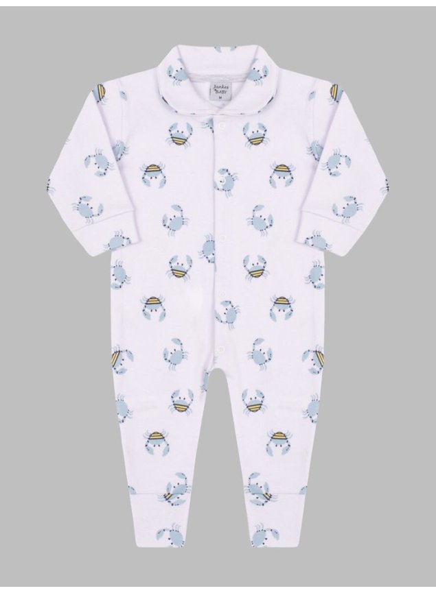 Macacão Longo c/ Gola Malha Suedine Estampa Siri Bebê Menino Branco