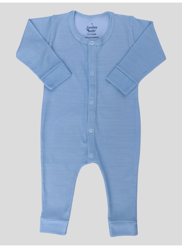 Macacão Longo Malha Suedine Estampado Listras Bebê Menino Azul Claro