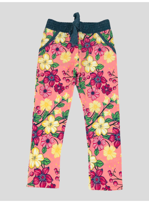 Calça Legging Cotton Peluciado Estampa Floral Laço Rosa Claro