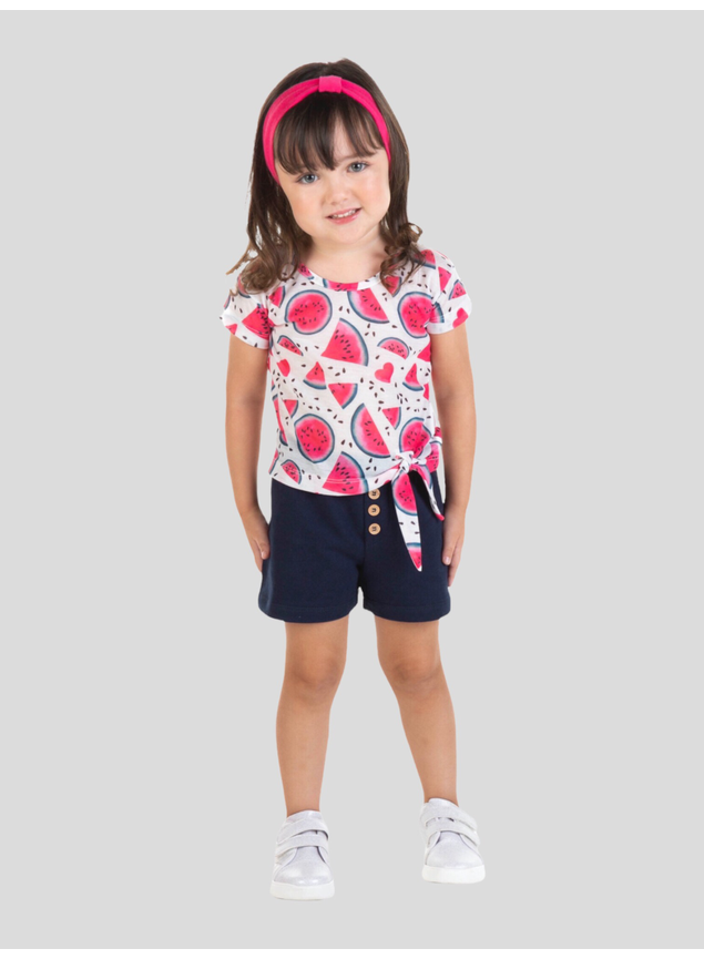 Conjunto Blusa Meia Malha Sublimado e Shorts Moletom Infantil Menina Branco  e Marinho