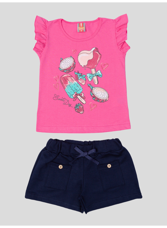 Conjunto Blusa Meia Malha e Shorts Moletom c/ Bolso Cadarço Infantil  Feminina Rosa e Marinho
