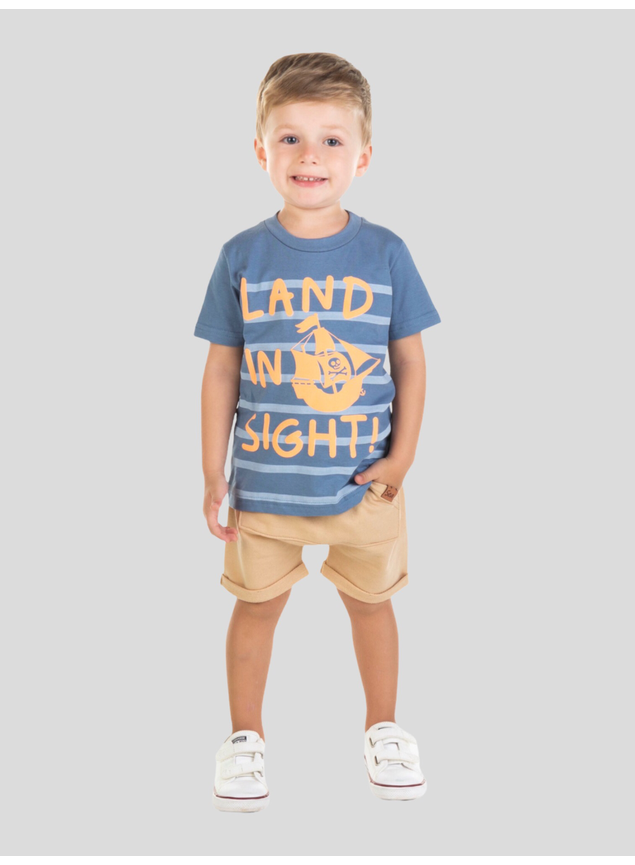 Conjunto Camiseta Meia Malha Barco Pirata e Bermuda Saruel Moletom Infantil  Menino Azul e Areia